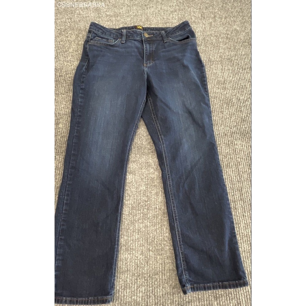 Lee Women's Dark Wash Blue Straight Leg Stretch Denim Jeans Sz 14 Short‎